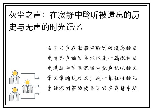 灰尘之声：在寂静中聆听被遗忘的历史与无声的时光记忆